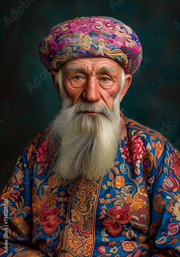 Old Man With Long Beard in Colorful Outfit. Generative AI