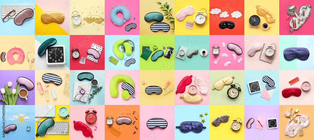 Obraz premium Collage of sleep masks with accessories on color background