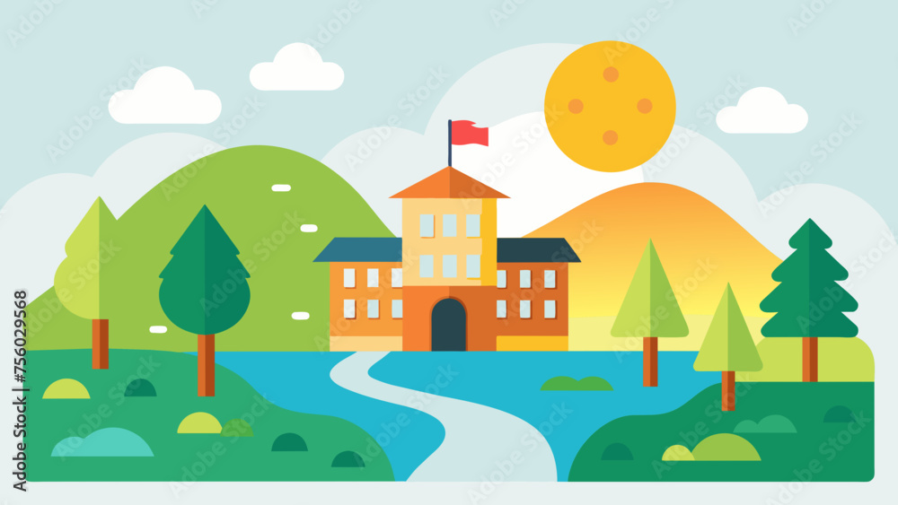 a cute school and sunlight on the river of tree,hill 
 and vector on white background