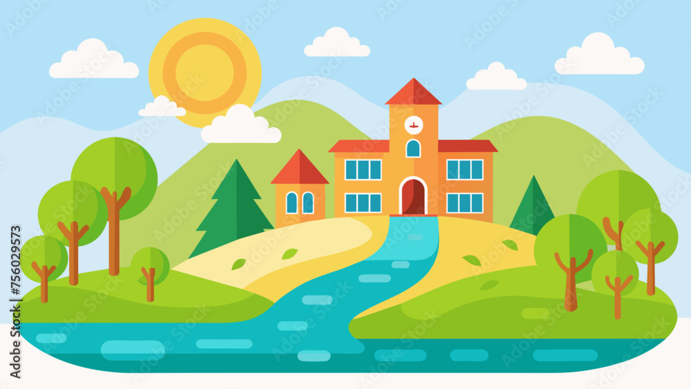 a cute school and sunlight on the river of tree,hill 
 and vector on white background