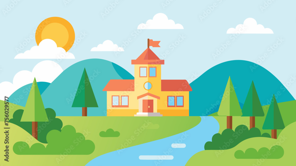 a cute school and sunlight on the river of tree,hill 
 and vector on white background