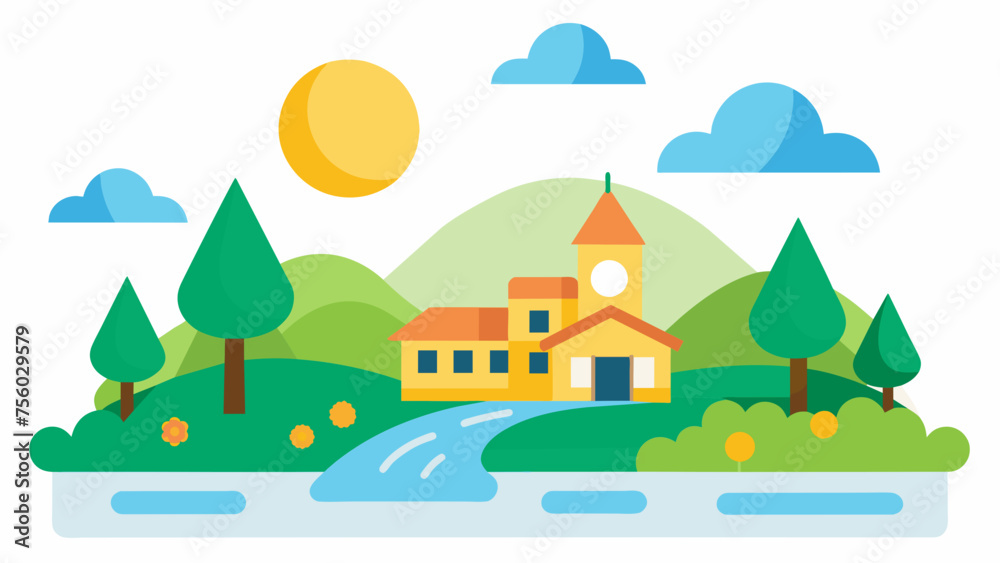 a cute school and sunlight on the river of tree,hill 
 and vector on white background