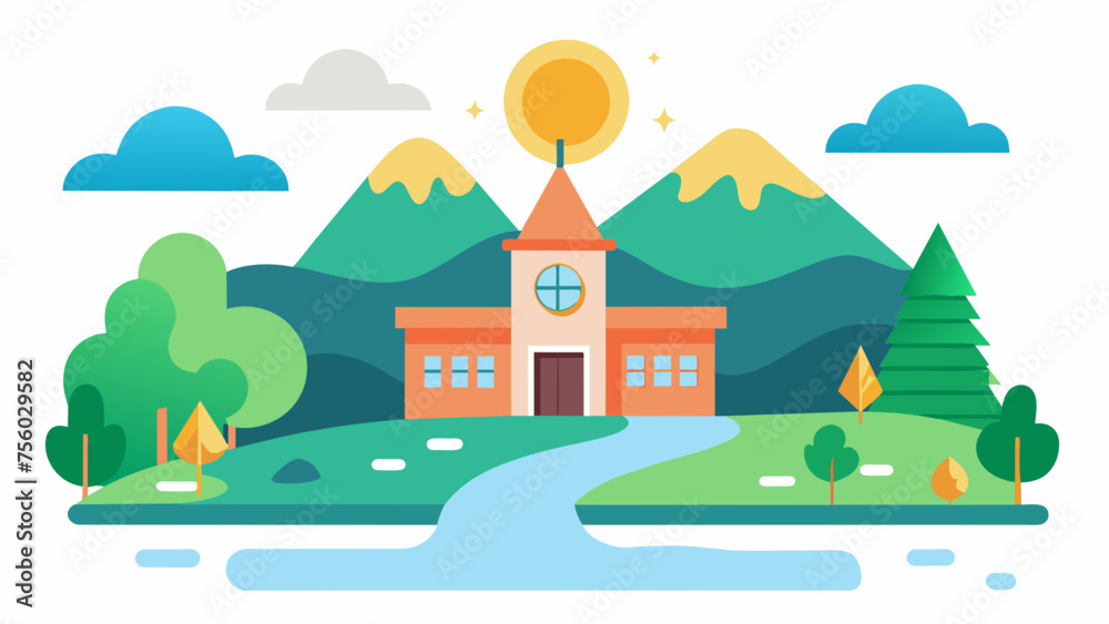 a cute school and sunlight on the river of tree,hill 
 and vector on white background