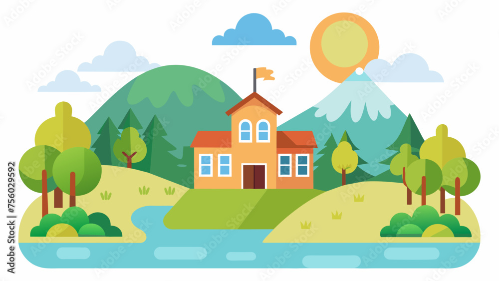 a cute school and sunlight on the river of tree,hill 
 and vector on white background