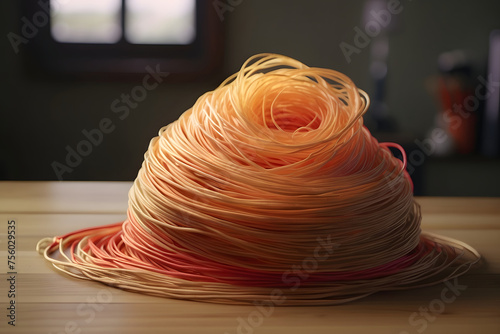 A detailed close-up image showcasing an array of vibrant thread spools laid out on a wooden surface, likely in a creative or crafting setting photo