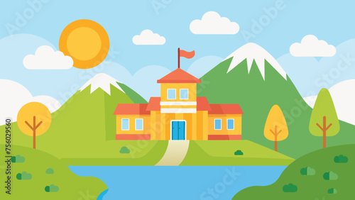 a cute school and sunlight on the river of tree,hill and vector on white background