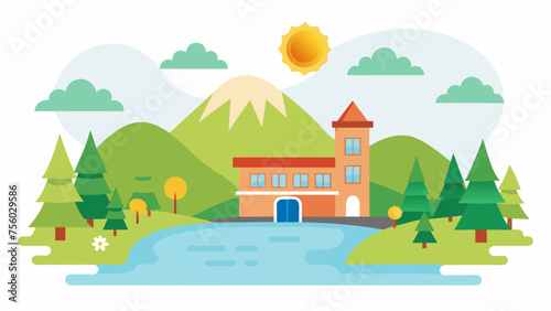 a cute school and sunlight on the river of tree,hill and vector on white background