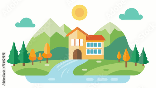 a cute school and sunlight on the river of tree,hill and vector on white background © Rashed Rana