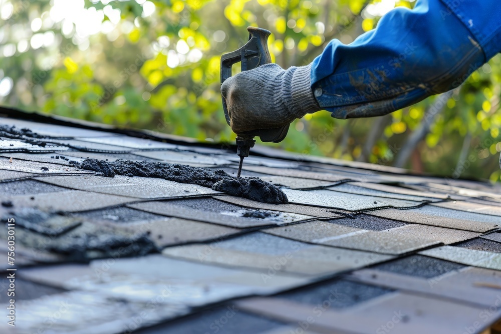 Homeowner patching roof with roof repair tar in caulk gun doing home