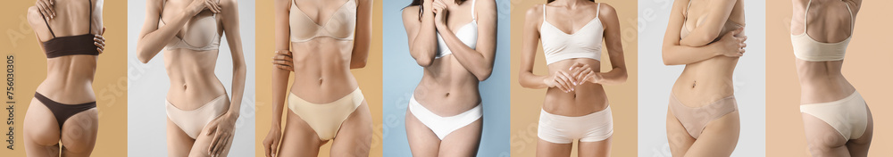 Collage of young women in stylish underwear on color background
