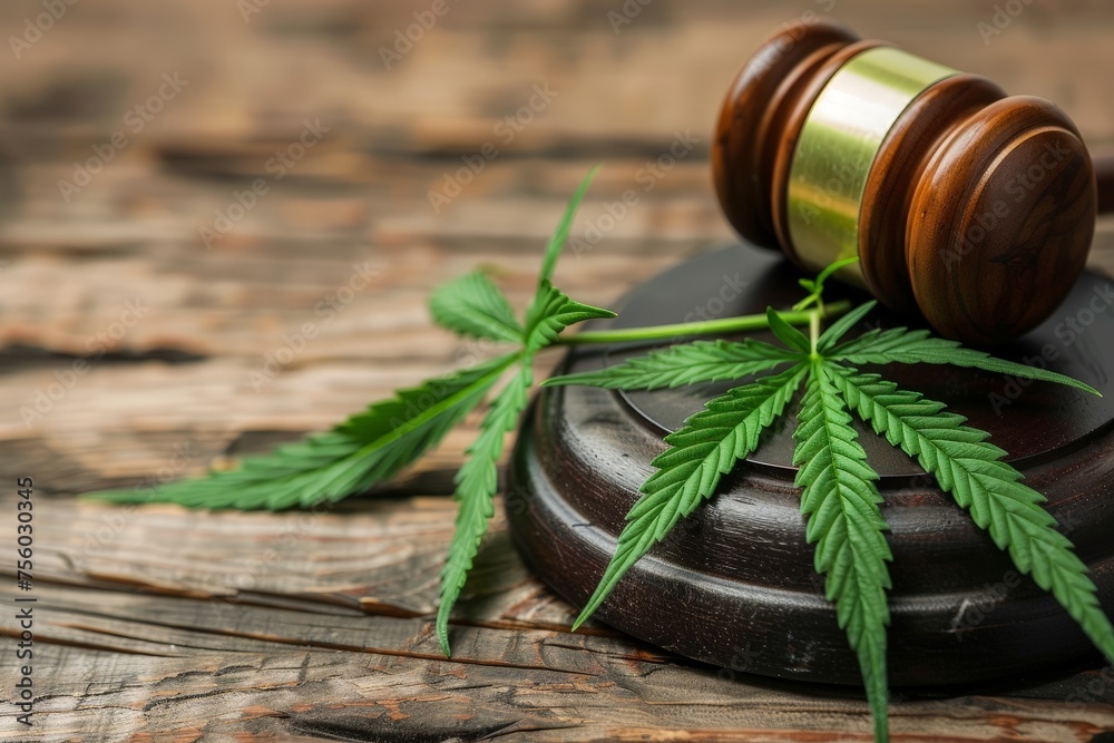 Legal weed, decriminalized pot or felony conviction for possession of a schedule one drug concept theme with a marijuana leaf and a wooden gavel isolated on wood background with copy space - obrazy, fototapety, plakaty 