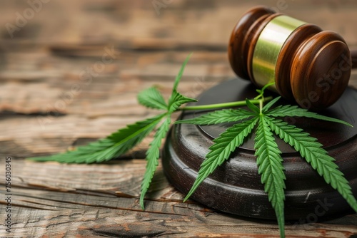 Legal weed, decriminalized pot or felony conviction for possession of a schedule one drug concept theme with a marijuana leaf and a wooden gavel isolated on wood background with copy space