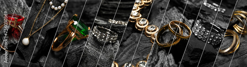 Collage of stylish jewelry on black charcoal, closeup photo