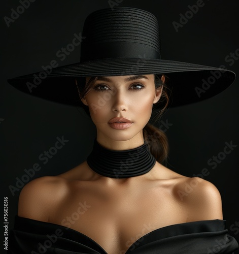 Beautiful fashionable stylish young girl in a hat, model appearance and photo shoot, dark black style, bright makeup