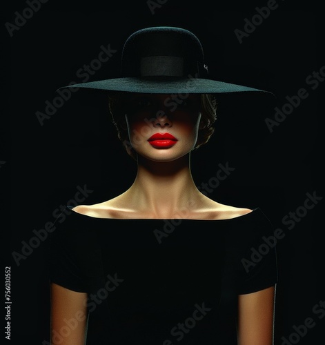 Beautiful fashionable stylish young girl in a hat, model appearance and photo shoot, dark black style, bright makeup