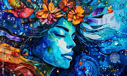 Captivating painting depicting woman adorned with crown of colorful flowers. For visual element in design projects, printed on various merchandise like notebooks, postcards, wall art, interior design. © Anzelika