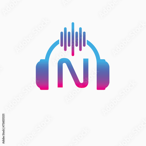 Letter N Headphone Logo Design Vector Icon Graphic Illustration Music Disco DJ Wave sound