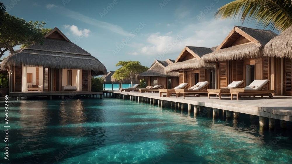 Sumptuous beachfront retreat on the idyllic shores of the Maldives, boasting unparalleled views of turquoise waters and overwater bungalows with direct access to the Ocean