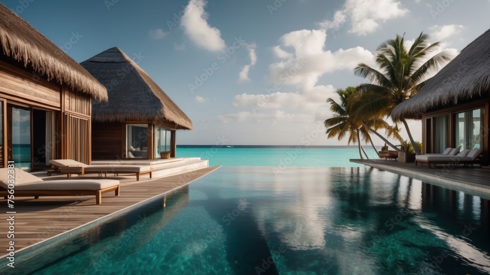 Sumptuous beachfront retreat on the idyllic shores of the Maldives, boasting unparalleled views of turquoise waters and overwater bungalows with direct access to the Ocean