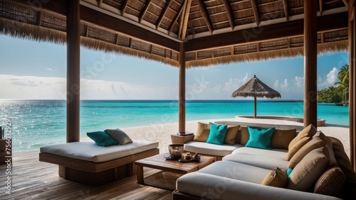 Sumptuous beachfront retreat on the idyllic shores of the Maldives, boasting unparalleled views of turquoise waters and overwater bungalows with direct access to the Ocean © Damian Sobczyk