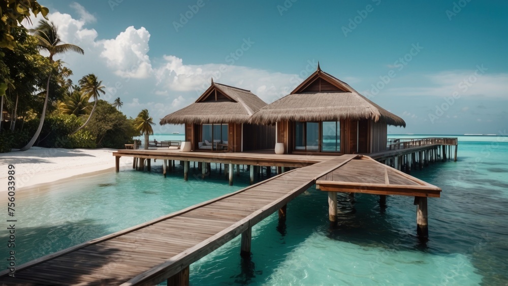 Sumptuous beachfront retreat on the idyllic shores of the Maldives, boasting unparalleled views of turquoise waters and overwater bungalows with direct access to the Ocean