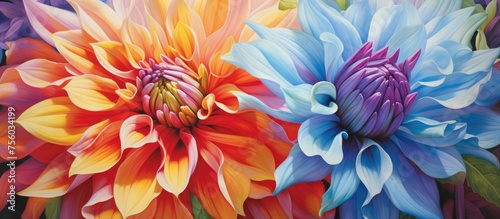 A vibrant painting featuring a close up of three colorful blanket flowers  showcasing their electric blue petals. Perfect for any art event