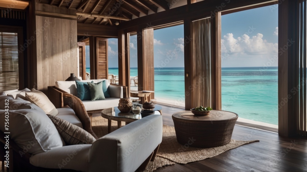 Fototapeta premium Sumptuous beachfront retreat on the idyllic shores of the Maldives, boasting unparalleled views of turquoise waters and overwater bungalows with direct access to the Ocean