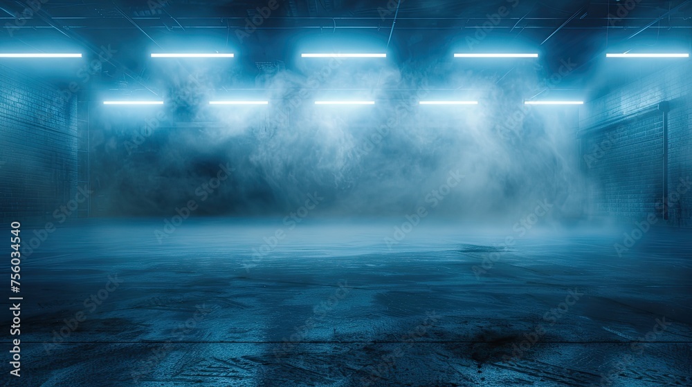 Dark blue background fog and light on floor. Mystical mist. smoke in dark room. Banner show product. neon light,  The asphalt floor and studio room with smoke