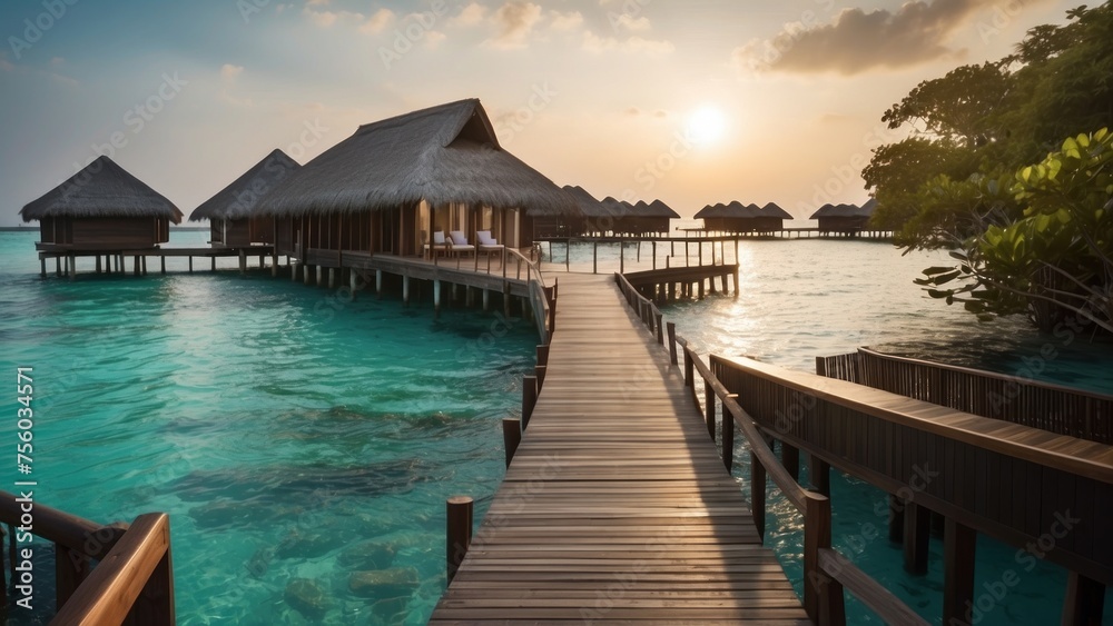 Fototapeta premium Sumptuous beachfront retreat on the idyllic shores of the Maldives, boasting unparalleled views of turquoise waters and overwater bungalows with direct access to the Ocean