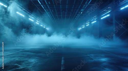 Dark blue background fog and light on floor. Mystical mist. smoke in dark room. Banner show product. neon light, The asphalt floor and studio room with smoke