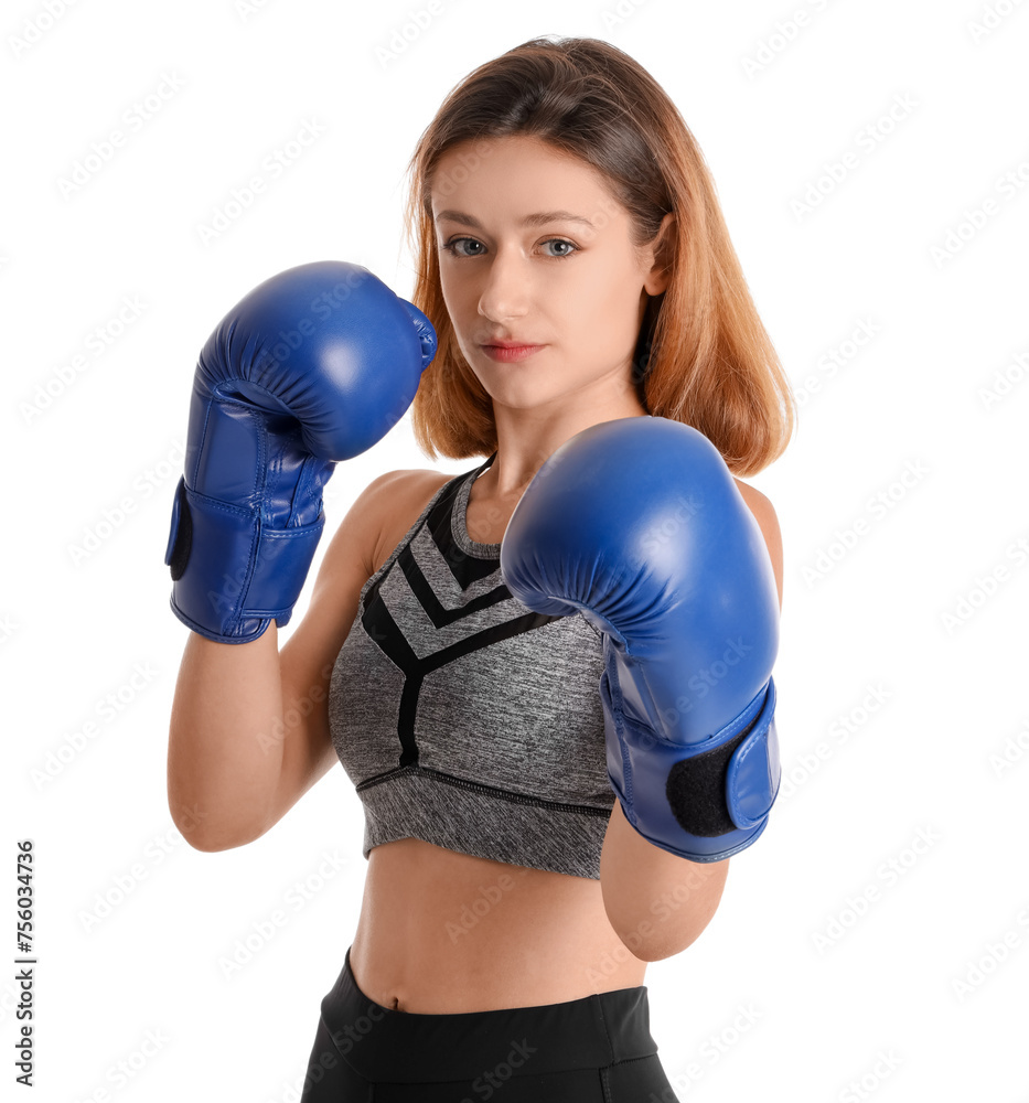 Young woman in boxing gloves training on white background. Concept of self defense Young woman in boxing gloves training on white background. Concept of self defense