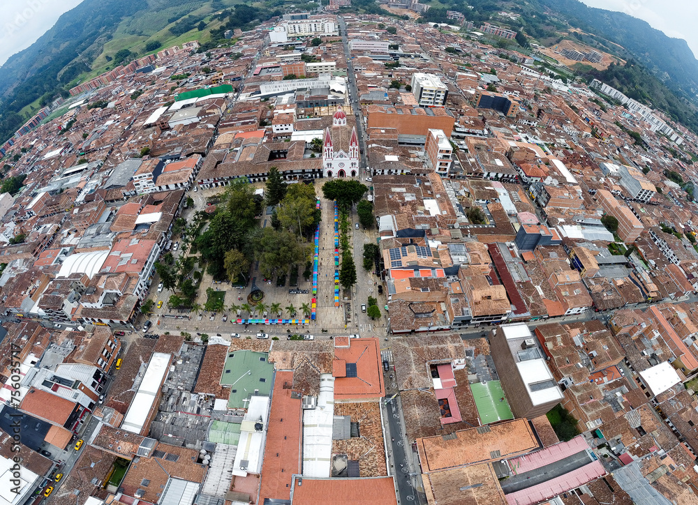 La Ceja, Antioquia - Colombia. March 9, 2024. Aerial view with drone of the Antioquia capital of flowers.