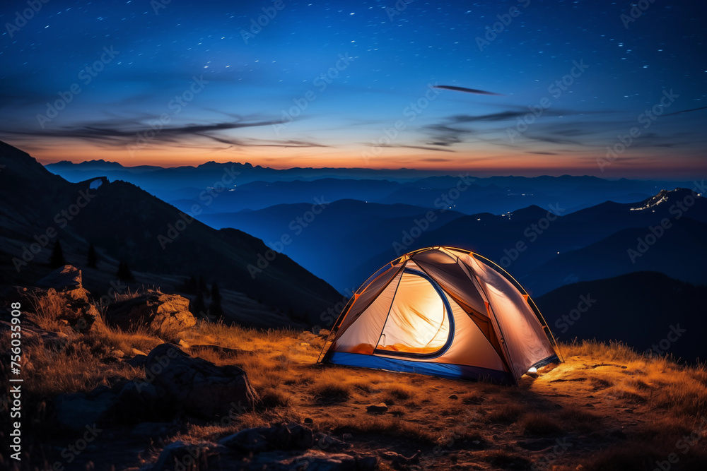 Camping tent on the top of mountain