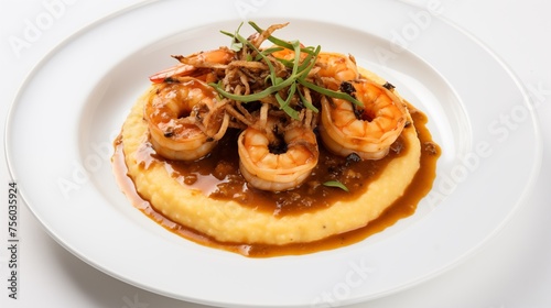Picture featuring FLORIDA ROCK SHRIMP alongside WILD HIVE POLENTA and RED EYE GRAVY arranged on a white round plate against a white background, photographed from above