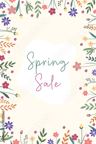 Cute hand drawn spring sale brochure. Poster template with discount promotion and special offer with abstract daisy  tulips  herbs  leaves on twigs and branches. Vector illustration banner concept