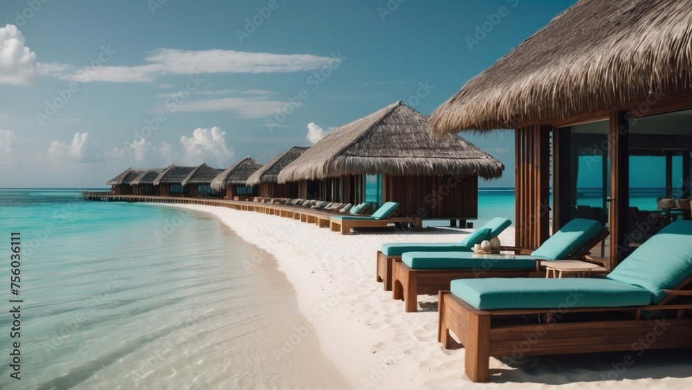 Sumptuous beachfront retreat on the idyllic shores of the Maldives, boasting unparalleled views of turquoise waters and overwater bungalows with direct access to the Ocean