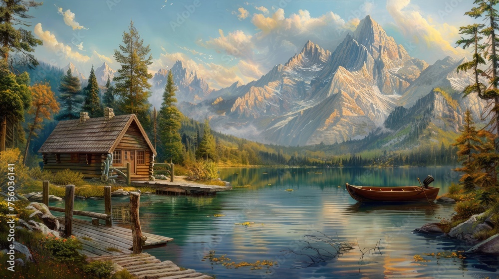 Naklejka premium Nature wallpaper. scenic painting featuring a serene mountain lake, boat, and dock