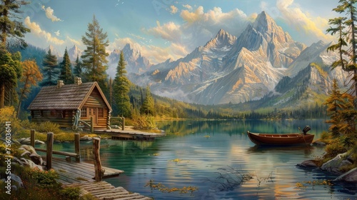 Nature wallpaper. scenic painting featuring a serene mountain lake, boat, and dock © Ilmi