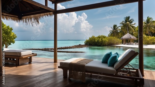 Sumptuous beachfront retreat on the idyllic shores of the Maldives, boasting unparalleled views of turquoise waters and overwater bungalows with direct access to the Ocean © Damian Sobczyk