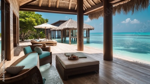 Sumptuous beachfront retreat on the idyllic shores of the Maldives, boasting unparalleled views of turquoise waters and overwater bungalows with direct access to the Ocean © Damian Sobczyk