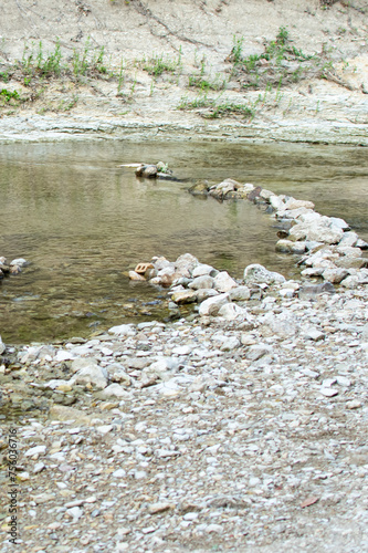 Stones along a water walk way.  (ID: 756036716)