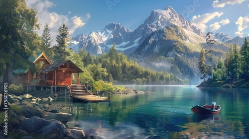 Nature wallpaper. scenic painting featuring a serene mountain lake, boat, and dock photo
