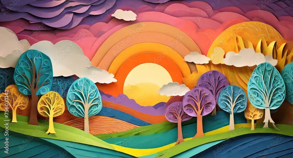 Sunset mountain illustration featuring a beautiful lake, trees and mountain scape in pink and orange gradients.