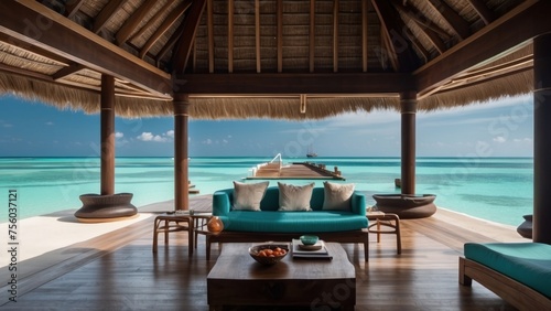 Sumptuous beachfront retreat on the idyllic shores of the Maldives  boasting unparalleled views of turquoise waters and overwater bungalows with direct access to the Ocean