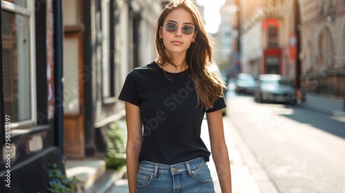 25 year old Model Shirt Mockup, female wearing black t-shirt on street in daylight 