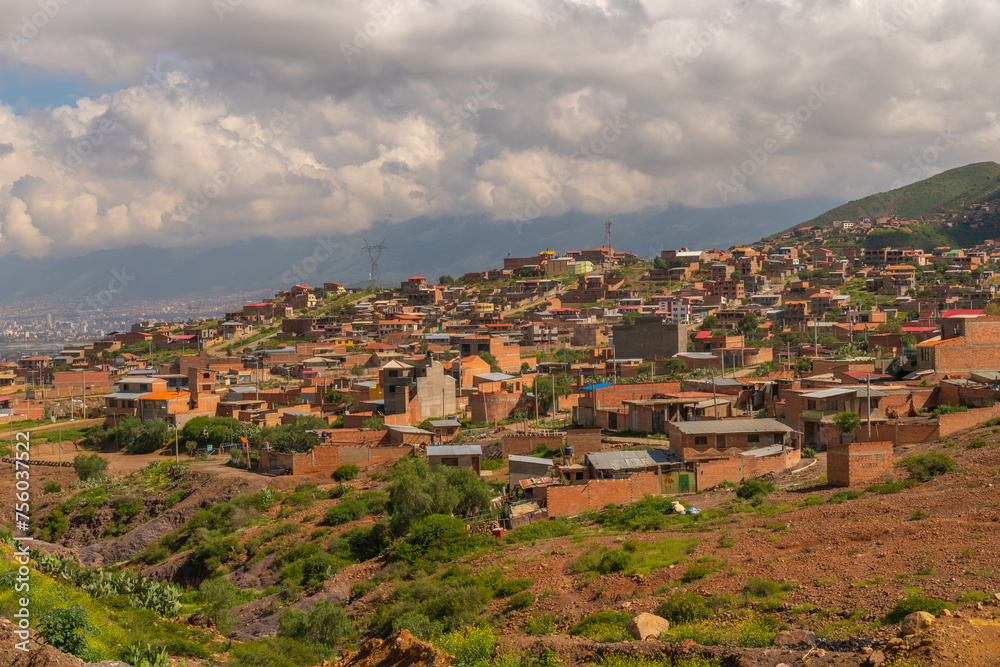 aerial view of social problems, overpopulation in latin america, houses built on hills, mountains,