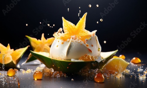 Dessert of ice cream with star shaped carambola garnish is made of crushed almonds, orange slices. For summer dessert, unique culinary presentation, digital restaurant menus, food delivery apps.