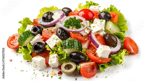 Greek salad bundle, with feta cheese, olives, onions and tomotos, top and side view, isolated on transparent background