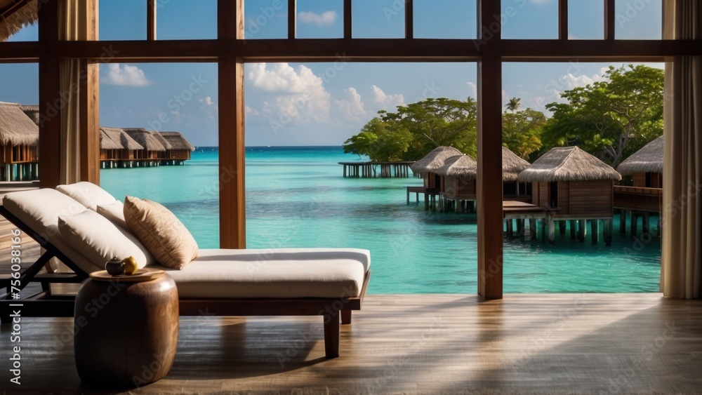 Fototapeta premium Sumptuous beachfront retreat on the idyllic shores of the Maldives, boasting unparalleled views of turquoise waters and overwater bungalows with direct access to the Ocean