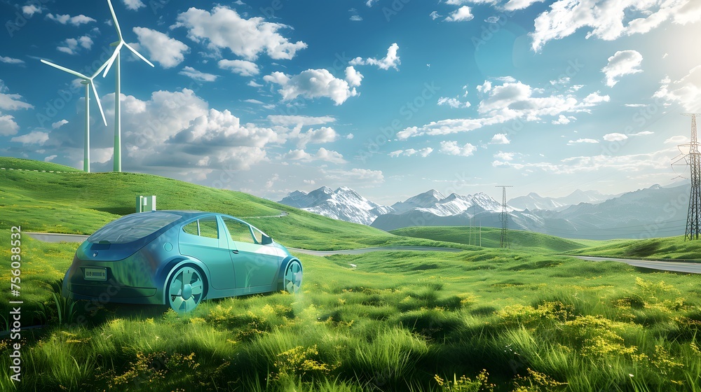 Conceptual image of a sustainable renewable energy landscape featuring a hydrogen fuel cell vehicle as a symbol of green technology advancement